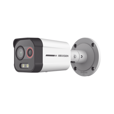 Bala IP Dual / Térmica 2.6 mm (96 x 72) / Óptico 6 mm (4 Megapixel) / Detección de Intrusión por VCA 30 mts /30 mts Luz Blanca / Exterior IP67 / PoE / Sirena y Luz Intermitente Integrada / Micro SD / ColorVu y ACUSENSE 