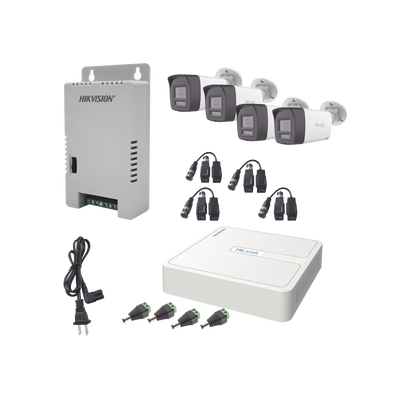 Kit HiLook Audio Bidireccional TurboHD 1080p / DVR 4 Canales / 4 Cámaras Bala (Exterior) con Bocina y Micrófono Integrado / 1 Fuente de Poder / Accesorios