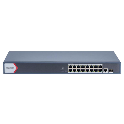 Switch Gigabit PoE+ / Administrable / 16 Puertos 1000 Mbps PoE+ / 1 Puerto 1000 Mbps de Uplink / 1 Puerto SFP /  Configuración Nube desde Hik-Partner Pro / Modo Extendido hasta 300 Metros / 230 Watts