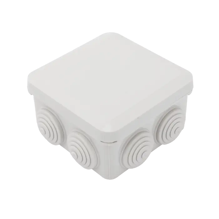 Caja Derivación-Conexión de Plástico (89 X 89 X 50 mm) con 7 Glándulas de Goma. Para Instalaciones Comerciales, Residenciales e Industriales. Cerrado a Presión