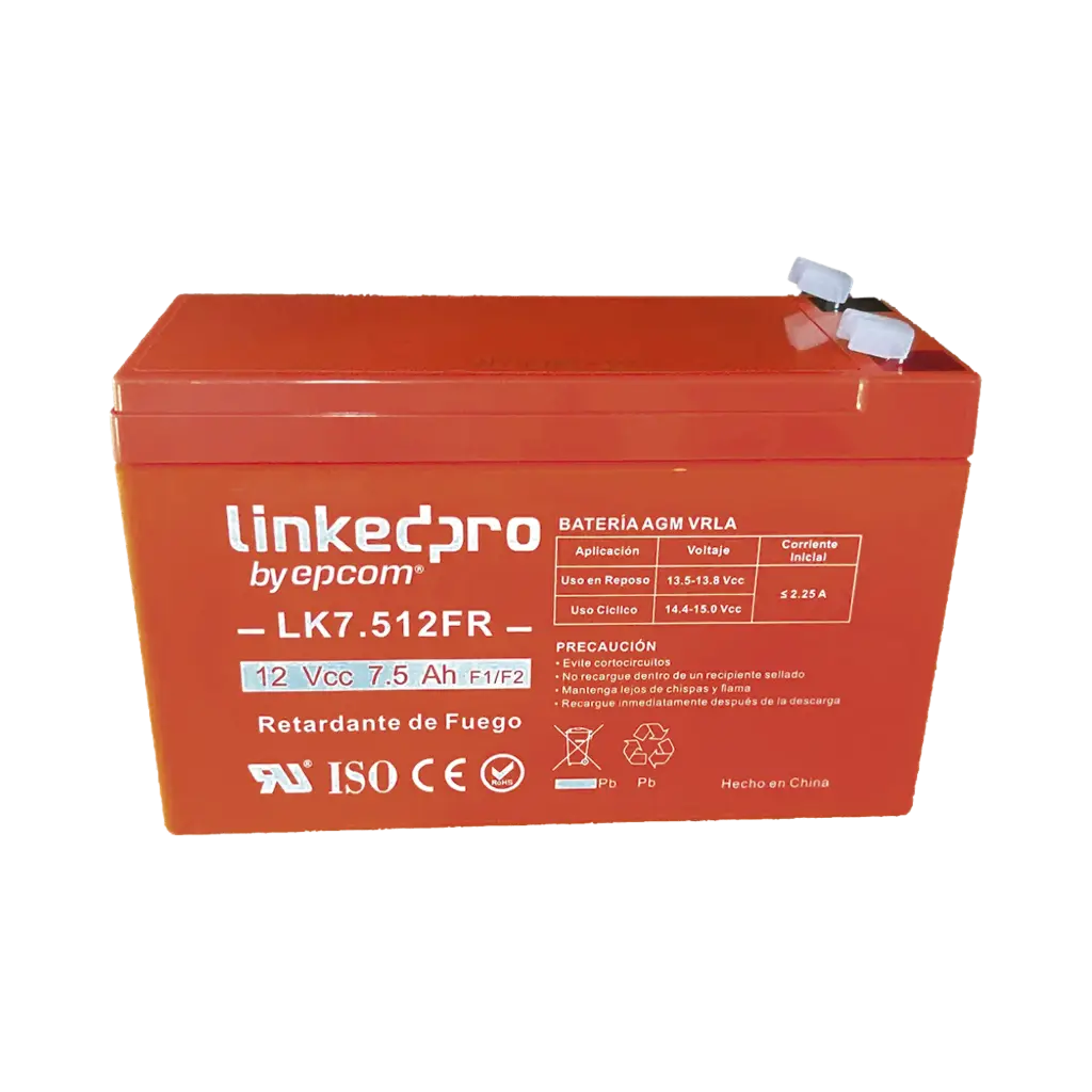 Batería 12 V / 7.5 Ah / UL / Tecnología AGM / Vida útil promedio de 5 años / Retardante a la Flama / Para equipo electrónico, Alarmas de Intrusión / Incendio/ Control de acceso / Video Vigilancia / Incluye adaptador