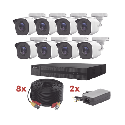 Kit TurboHD / DVR 8 Canales 1080p Lite / 8 Cámaras bala 1080p metalicas / 8 cables de 20 metros / 2 fuentes de 4 canales