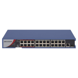 Switch PoE+ / No Administrable / 24 Puertos 10/100 Mbps PoE+ / 1 Puerto 1000 Mbps / 1 Puerto SFP Uplink / Modo Extendido hasta 300 Metros / 230 W 