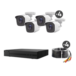 KIT TurboHD 1080p / DVR 4 canales / 4 Cámaras Bala de Metal / H.265+ / 1 Fuente de Poder Profesional / Accesorios de Instalación