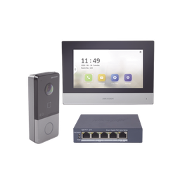Kit de Videoportero IP + Switch Poe Poe Estandar con llamada a App de Smartphone (HikConnect) / Apertura con tarjeta MIFARE / Frente de calle IP65 / Soporta 1 Departamento