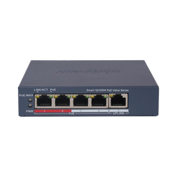 Switch PoE+ / Administrable / 4 Puertos 10/100 Mbps PoE+ / 1 Puerto 10/100 Mbps Uplink / Configuración Nube Hik-PartnerPro / Modo Extendido hasta 300 Metros /  45 W