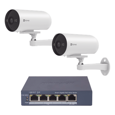 Kit de Videovigilancia PoE / 2 Cámaras IP 3 Megapixel / Switch 4 Puertos PoE+ Gigabit / Visión Nocturna a Color / IP67 / Audio Bidireccional / Luz y Sirena