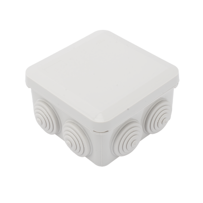Caja Estanca, Derivación, Conexión de Plástico (89 X 89 X 50 mm) con 7 Glándulas de Goma. Para Instalaciones Comerciales,  Residenciales e Industriales. Cerrado a Presión. 