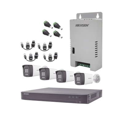 Kit Audio Bidireccional TurboHD 3K Real / DVR 4 Canales 4K / 4 Cámaras Bala (Exterior) con Bocina y Microfóno Integrado 3K / 1 Fuentes de Poder / Accesorios