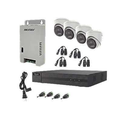 Kit HiLook Audio Bidireccional TurboHD 1080p / DVR Metalico 4 Canales / 4 Cámaras Eyeball (Exterior) con Bocina y Microfóno Integrado / 1 Fuente de Poder / Accesorios